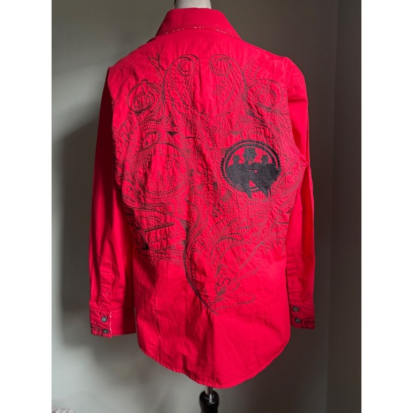 Franco Uomo Mens Red black Embroidered Long Sleeve Button Shirt L y2k designer - Picture 2 of 6